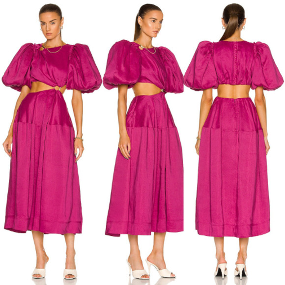 Aje. Vanades Cut Out Gold O-Ring Puff Sleeve Midi Dress Fuchsia Women's Size 4 - Picture 1 of 5